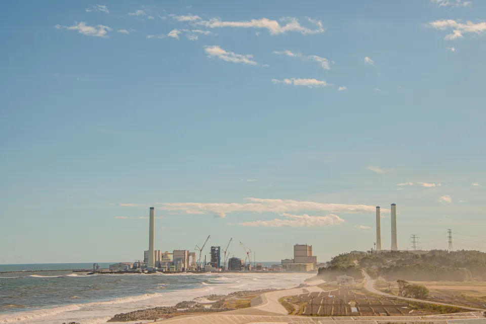 View from a distance of Fukushima Daiichi nuclear plant on the coast n Japan